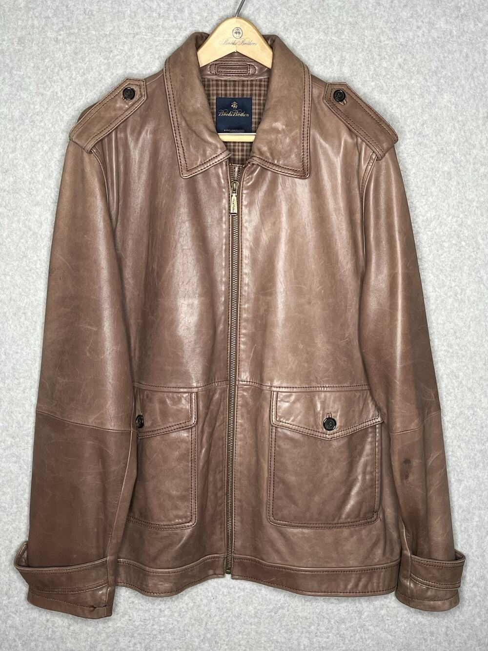 Brooks Brothers Men XXL Brown Leather Field Jacket Plaid Lined Epaulets Heritage